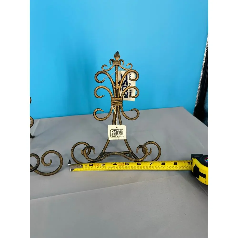 Set of 2 Decorative Metal Plate Display Easels Scroll Fleur de Lis 9” Bronze